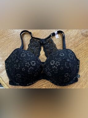 Victoria's Secret Black Lace Racerback Push-Up Bra with Subtle Shimmer